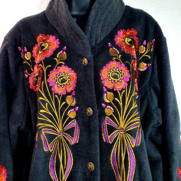 Bob Mackie Wearable Art Black Floral Embroidered Button-Up Soft Fluffy Coat 1X - Picture 11 of 11